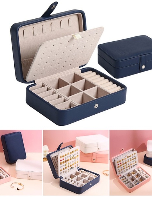 Juhui Store Double Layer Pu Leather Portable Jewelry Box - Navy Blue