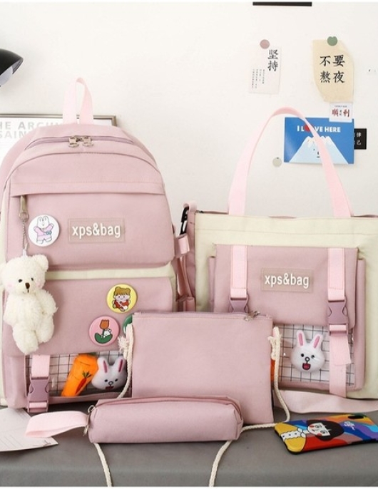 Dake Light Pink High Capacity 4 Piece Cute Student School Backpack