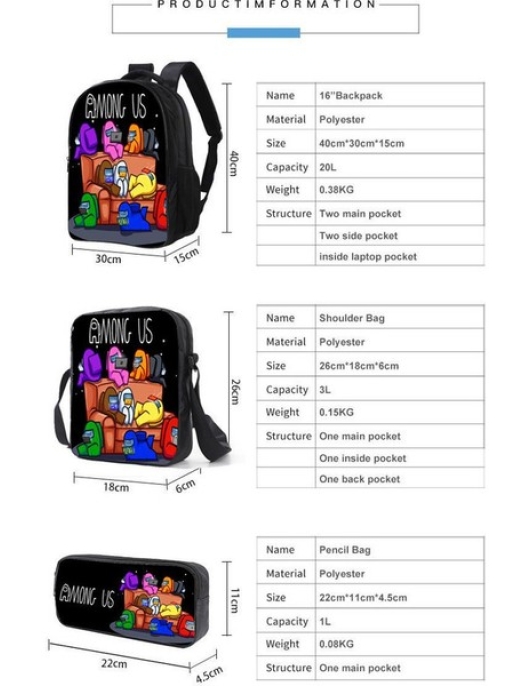 Wonderland Set of 3 Among Us Printed School Backpacks for Kids - Multi Color